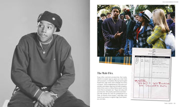 Person sitting on a chair with a gray background, next to a magazine layout with text and images.